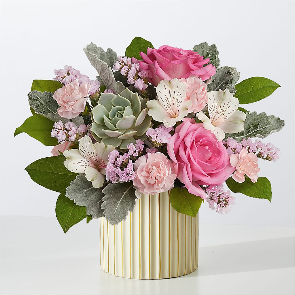 Dusty Rose Bouquet with Ivory Vase – Flowerama #186, Oklahoma City OK