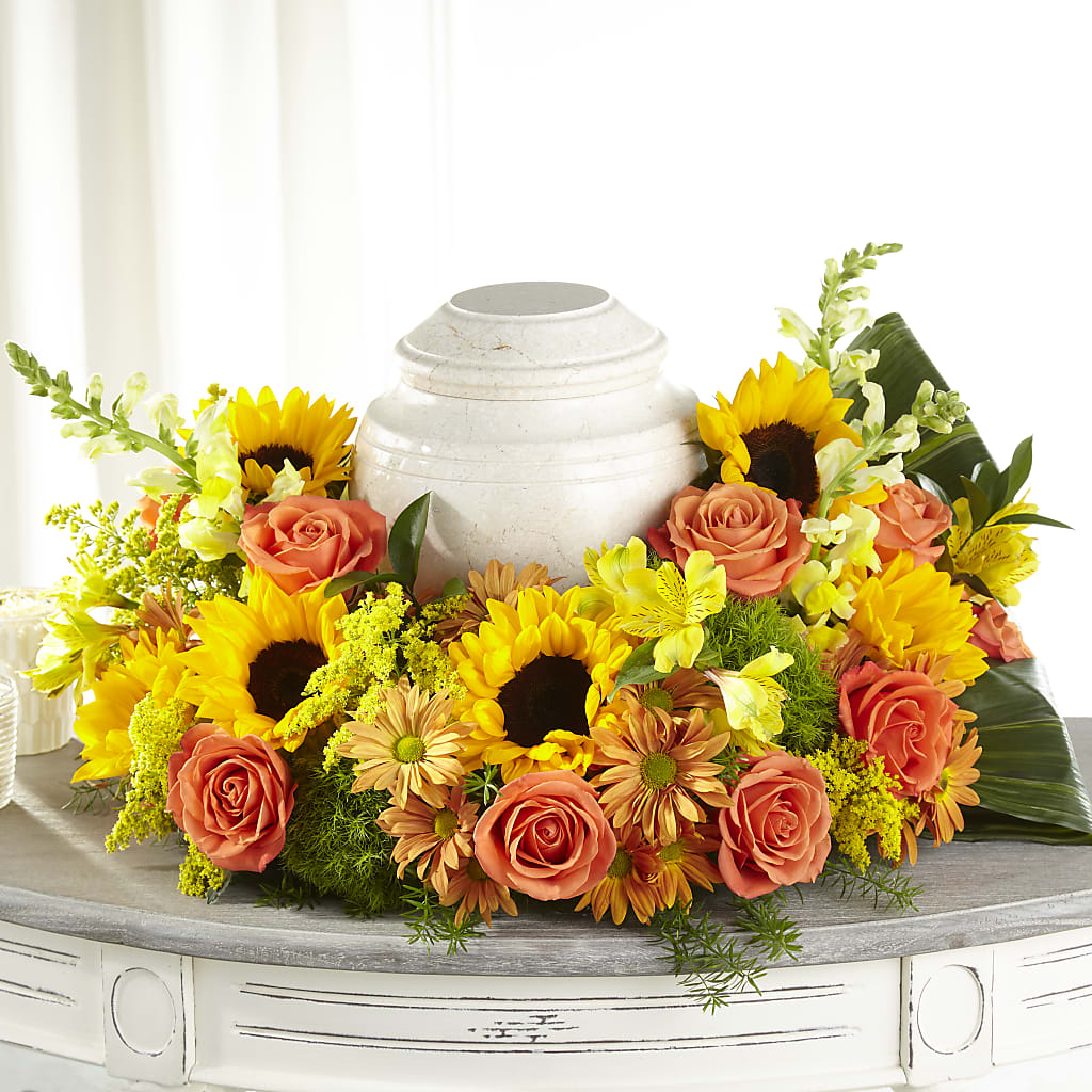 Faithful Sunflower Cremation Adornment – Flowerama #186, Oklahoma City OK