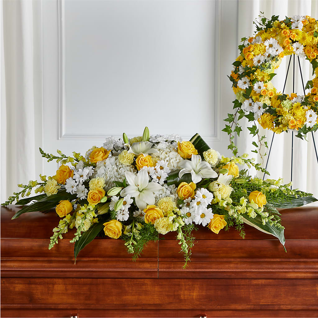 Golden Harmony Casket Spray – Flowerama #186, Oklahoma City OK