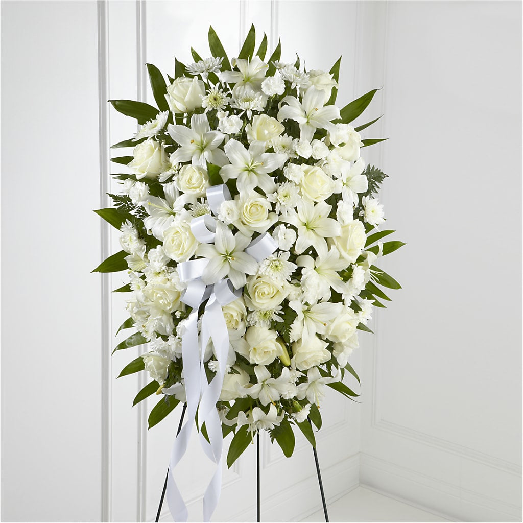 Exquisite Tribute Standing Spray-White Ribbon – Flowerama #186, Oklahoma City OK