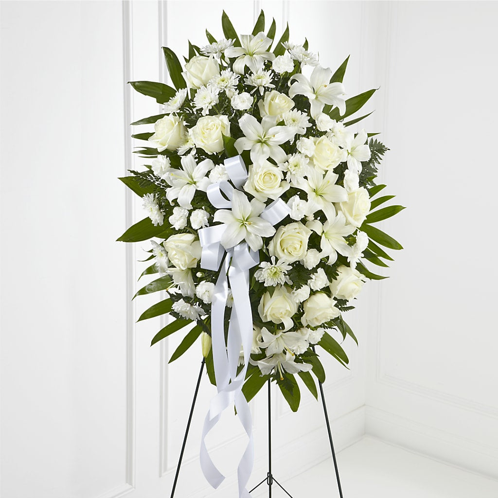 Exquisite Tribute Standing Spray-White Ribbon – Flowerama #186, Oklahoma City OK