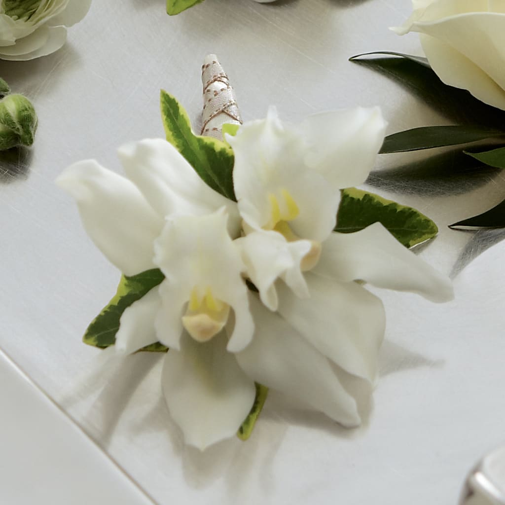 White Mini Cymbidium Boutonniere – Flowerama #186, Oklahoma City OK